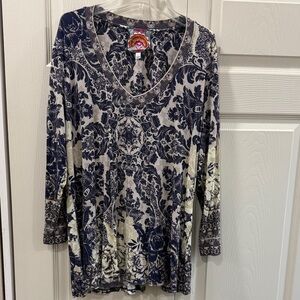Johnny Was Blue Cream Filo Floral Favorite 3/4 Sleeve Swing Size L V-neck